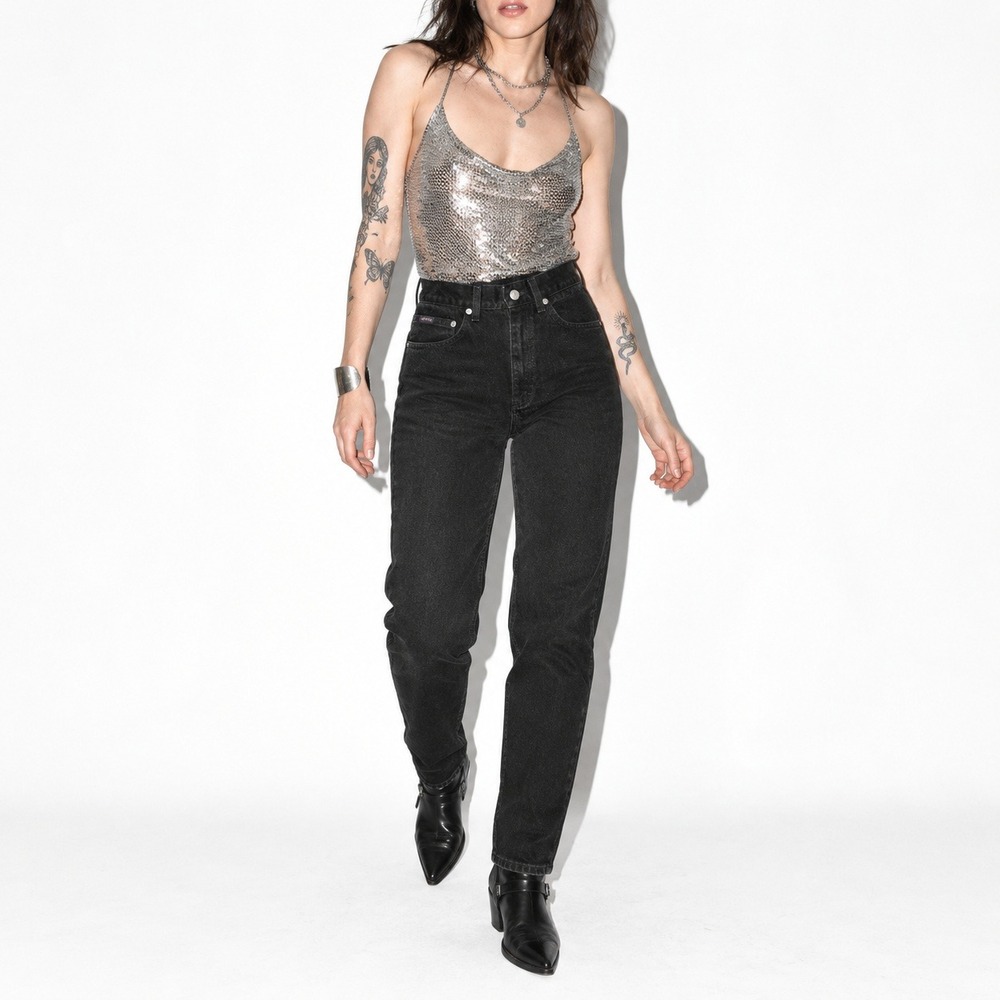 90s Vintage Black High Waist Tapered Leg Jeans Womens 2 Black Riders Denim Long - Picture 4 of 9